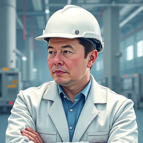 illustration of elon musk in a factory